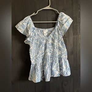 Blue and White Flutter Sleeve Smocked Peplum Blouse